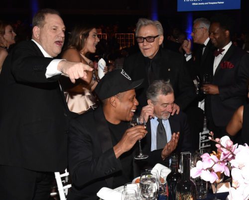 NEW YORK, NY - FEBRUARY 10: (L-R) Producer Harvey Weinstein, recording artist Jay Z, actor Harvey Keitel and actor Robert De Niro are seen during Moet & Chandon Toasts to the amfAR Gala at Cipriani Wall Street on February 10, 2016 in New York City.  (Photo by Bryan Bedder/Getty Images for Moet & Chandon)
